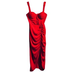 Chic Red Midi Dress with Ruched Detail brand Misscix from Turkey